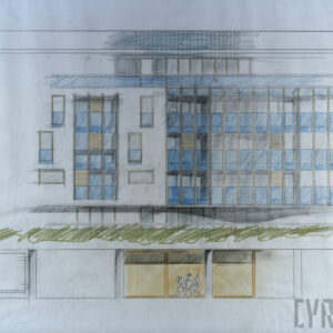 Rysunek koncepcyjny fragmentu elewacji apartamentowca z lokalami usługowymi na parterze Casa Verona