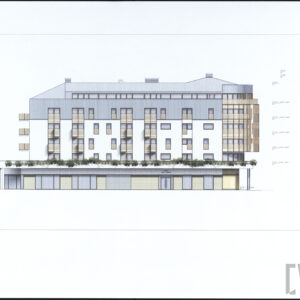 Wizualizacja elewacji bocznej apartamentowca z lokalami usługowymi na parterze Casa Verona