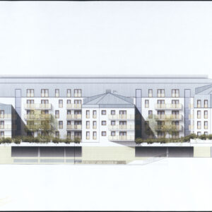 Wizualizacja elewacji wewnętrznej apartamentowca z lokalami usługowymi na parterze Casa Verona
