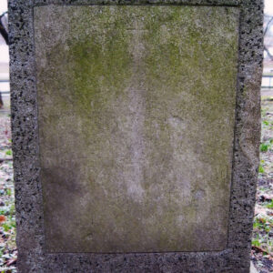 prostokątna tablica wtopiona w płytę nagrobną, pokryta zielonym nalotem