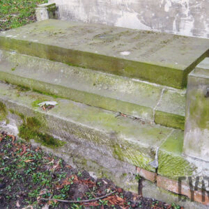 Nagrobek w formie tumby pokryty zielonym nalotem. 