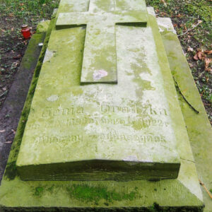 Płyta nagrobna osadzona na betonowej podstawie, pokryta zielonym nalotem. Wokół zielony teren cmentarza i mały czerwony znicz obok nagrobka.