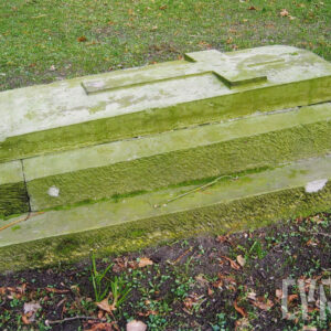 Prostokątny nagrobek z poziomą płytą pokryty zielonym nalotem. Wokół teren cmentarza.