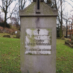 Pionowa płyta nagrobna z białą tablicą epitafijną i krzyżem łacińskim w zwieńczeniu. Wokół zielony teren cmentarza, inne nagrobki i drzewa.