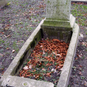 pionowa płyta nagrobna z obmurowaniem, wewnątrz którego znajdują się suche liście, wokół teren cmentarza i fragmenty nagrobków