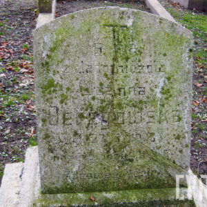 pionowa płyta nagrobna pokryta zielonym nalotem z nieczytelnymi napisami, wokół teren cmentarza i fragmenty innych nagrobków