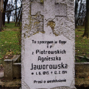 płyta nagrobna o porowatej fakturze, na której znajduje się tablica epitafijna z czarnymi napisami oraz krzyż łaciński