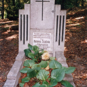 wysoka płyta nagrobna z dwoma niższymi skrzydłami, na niej umieszczony czarny krzyż łaciński oraz biała tablica epitafijna, wewnątrz obmurowania zieleń, wokół teren cmentarza pokryty jesiennymi liśćmi