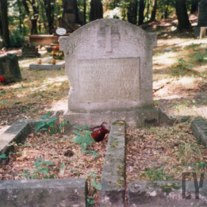 pionowa płyta nagrobna z krzyżem łacińskim i napisami, niskie, betonowe obmurowanie, wokół teren cmentarza, inne nagrobki i pnie drzew