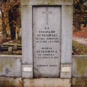 wysoka, kamienna płyta nagrobna z krzyżem łacińskim i napisami, za nią teren cmentarza, fragmenty nagrobków i drzewa