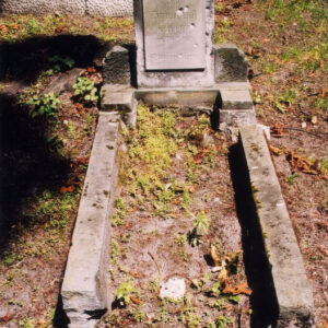 pionowa płyta nagrobna z tablicą epitafijną i krzyżem wyrytym w jej zwieńczeniu, wokół teren cmentarza i fragmenty innych nagrobków