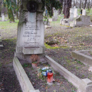 wysoka płyta nagrobna z krzyżem wtopionym w górnej części i tablicą epitafijną poniżej, wewnątrz obmurowania stoją kwiaty i znicz, wokół teren cmentarza, inne nagrobki i drzewa