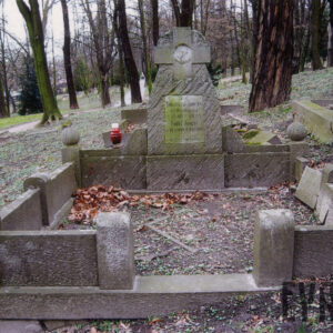 wysoka płyta nagrobna z wtopionym krzyżem łacińskim i szeroką obmurowaną mogiłą ziemną, wokół teren cmentarza, fragmenty innych nagrobków i drzewa