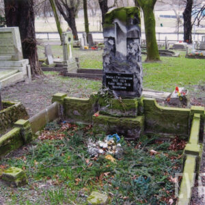 wysoka płyta nagrobna z wtopionym krzyżem łacińskim i czarną tablicą epitafijną z białymi napisami, obmurowana mogiła ziemna, wokół teren cmentarza, inne nagrobki i drzewa