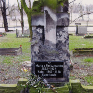 wysoka, wąska stela z wtopionym krzyżem łacińskim i czarną tablicą epitafijną, wokół teren cmentarza, inne nagrobki i drzewa