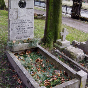 obmurowany grób z prostokątną pionową płytą nagrobną z krzyżem i napisami, na przecięciu ramion krzyża okrągły medalion z wyobrażeniem głowy Chrystusa koronie cierniowej, z prawej strony pień drzewa, w głębi fragment metalowego ogrodzenia cmentarza