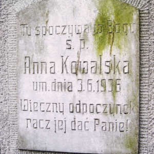 tablica w kształcie prostokąta zamkniętego łukiem z białego marmuru z napisem, w jej prawym górnym narożniku zielony nalot