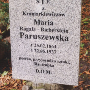 tablica inskrypcyjna z szarego granitu w formie prostokąta zamkniętego łukiem, na niej wyryty napis podkreślony czarnym barwnikiem