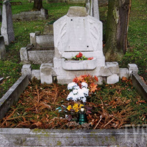 mogiła ziemna otoczona wąskim obmurowaniem, u wezgłowia płyta przechodząca pierwotnie w wieńczący krzyż, osadzona na schodkowym postumencie, na płycie tablica inskrypcyjna rozszerzająca się ku dołowi z wyrytym na niej napisem, przymocowana dwoma metalowymi nitami, po dwóch pozostały ślady, po bokach stylizowane gałązki cierniowe, postument poprzedzony donicą na kwiaty, za mogiłą kamienne nagrobki, z prawej pień drzewa