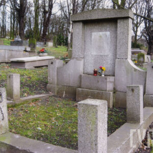 mogiła ziemna otoczona niskim murkiem z osadzonymi na nim pięcioma czworobocznymi słupkami, połączonymi pierwotnie kutym łańcuchem, w części zagłówkowej na cokole umieszczona płyta, po jej bokach, stykające się z nią dwa słupy, całość zakończona tympanonem, pośrodku niszy marmurowa tablica z wyrytym na niej napisem, u dołu wysunięty przed lico, wąski pojemnik na rośliny