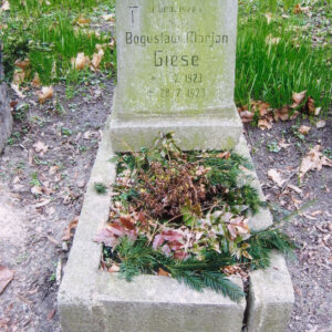 mogiła ziemna otoczona murkiem, w części zagłówkowej prostokątna tablica inskrypcyjna zamknięta łukiem wklęsło-wypukłym, ustawiona lekko ukośnie, na mogile pozostałości uschniętego bukietu i gałązki świerkowe, za nagrobkiem zielona trawa