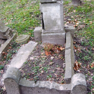 mogiła ziemna otoczona niskim murkiem o wklęsło-wypukłych krawędziach, spiętych w przednich narożach dwoma słupkami o półkolistej górnej krawędzi, w części zagłówkowej postument osadzony na szerszym cokole, na jego froncie prostokątna tablica epitafijna z białego marmuru, na niej wyryty napis, wokół grobu trawnik i suche liście