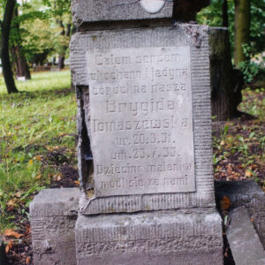 w części zagłówkowej nagrobka postument (przy lewej krawędzi szerokie pęknięcie) osadzony na szerszym cokole, na jego froncie prostokątna tablica epitafijna z białego marmuru, na niej wyryty napis, w prawym górnym rogu ślad po owalnym medalionie portretowym, wokół grobu trawnik i suche liście, w głębi drzewa