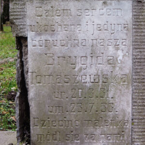 fragment postumentu (przy lewej krawędzi szerokie pęknięcie), na jego froncie prostokątna tablica epitafijna z białego marmuru, na niej wyryty napis