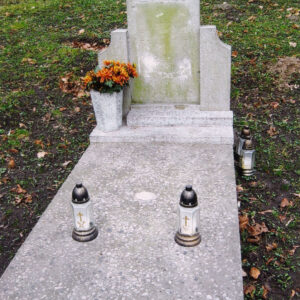 kamienna leżąca płyta, w części zagłówkowej płyta pionowa, prostokątna, kamienna ze ściętymi narożnikami i zielonym nalotem ustawiona na cokole, po jej bokach niższe słupki o ściętych wklęsło krawędziach bocznych, w górnej części pionowej płyty płaskorzeźba przedstawiająca dwie krzyżujące się gałązki palmowe, przed płytą z lewej kamienny wazon z kwiatami, na nagrobku i z prawej znicze, wokół niego trawa