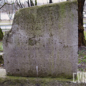 tablica pionowa o ściętej ukośnie górnej krawędzi z odłamanym lewym górnym narożnikiem i słabo czytelnym napisem, całość pokryta zielonym nalotem, w głębi pnie drzew