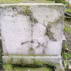 prosta, pionowa płyta z wyrytym słabo czytelnym napisem umieszczona na niskim, żłobkowanym cokoliku, całość mocno zniszczona, z licznymi ubytkami, pęknięciami i pokryta mchem