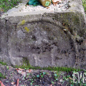 fronton kamiennego obramowania mogiły w formie sarkofagu, widoczne ślady płaskorzeźby, całość mocno zniszczona, z licznymi pęknięciami, porośnięta mchem