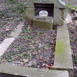 mogiła ziemna otoczona szerokim, niskim obramieniem, u jej wezgłowia stela w formie leżącego prostokąta zwieńczonego tympanonem o łuku wklęsło-wypukłym z dwoma uskokami, w polu tympanonu okrągły medalion bez plakiety, pośrodku steli głęboka płycina pozbawiona tablicy inskrypcyjnej, w płycinie wtórna owalna tablica epitafijna z czarnym napisem na białym tle, przed stelą prostokątny kwietnik