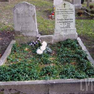 obramowana, podwójna mogiła ziemna w kształcie kwadratu z dwiema prostokątnymi tablicami, w części zagłówkowej, zamkniętymi spłaszczonym łukiem wklęsło-wypukłym z dwoma uskokami, osadzonymi na wysokich dwustopniowych cokołach, na tablicach ryte napisy częściowo zatarte, na prawej napis poczerniony, w wnętrzu mogiły posadzone rośliny