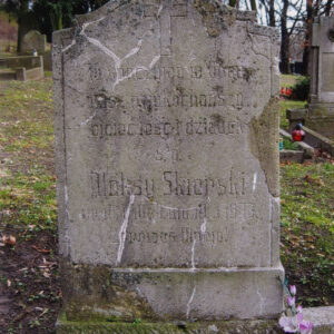 pionowo ustawiony prostokąt zamknięty spłaszczonym łukiem wklęsło-wypukłym z dwoma uskokami osadzony na wysokim dwustopniowym cokole, na tablicy ryty napis częściowo zatarty