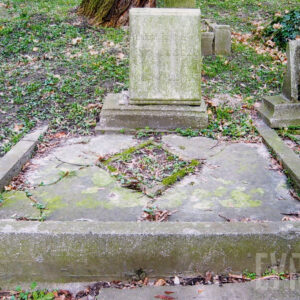 mogiła otoczona wąskim murkiem, przykryta płytą z romboidalnym otworem na kwiaty, u wezgłowia tablica inskrypcyjna ustawiona na prostokątnym postumencie, oparta na konsoli, całość zabrudzona i pokryta zielonym nalotem, płyta przykrywająca grób popękana