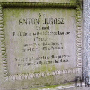 kwadratowa płyta wypełniona płyciną, dookoła niej ornament rzeźbiarski, na płycinie wyryta inskrypcja wypełniona czarnym barwnikiem, zielony nalot na tablicy