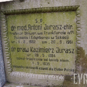 kwadratowa płyta wypełniona płyciną, dookoła niej ornament rzeźbiarski, na płycinie wyryta inskrypcja wypełniona czarnym barwnikiem, zielony nalot na tablicy