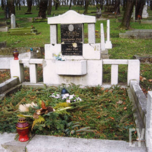 mogiła ziemna otoczona niskim murkiem z dwoma czworobocznymi słupkami w przednich narożach, w części zagłówkowej stela, po jej bokach ażurowe przęsła balustrady, stela złożona z dwóch prostokątnych płyt, tablicy inskrypcyjnej, całość zwieńczona tympanonem, w głębi kamienne nagrobki i pnie drzew