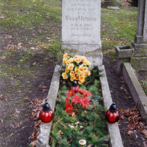 mogiła ziemna otoczona wąskim murkiem, w środku gałązki świerkowe i sztuczne wiązanki, w części zagłówkowej prostokątna stela zwieńczona łukiem wklęsło-wypukłym osadzona na cokole, na steli ryty napis, nad nim łaciński krzyż, całość wypełniona czarnym barwnikiem