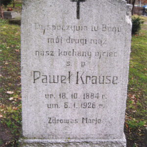 prostokątna płyta zwieńczona łukiem wklęsło-wypukłym osadzona na cokole o porowatej fakturze, częściowo uszkodzonym z zielonym nalotem, na płycie ryty napis, nad nim łaciński krzyż, całość wypełniona czarnym barwnikiem