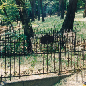 mogiła ziemna otoczona kutym, metalowym ogrodzeniem umieszczonym na murowanej podmurówce, na jednym z boków kraty żeliwna płyta inskrypcyjna w formie prostokąta, w głębi kamienne nagrobki i drzewa