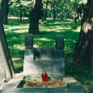 mogiła ziemna otoczona szerokim, kamiennym obramowaniem, w części zagłówkowej na szerokim cokole, węższa płyta pomiędzy dwoma żłobkowanymi słupkami w formie prostopadłościanów, na niej dekoracja roślinna w postaci dwóch gałązek palmowych, pomiędzy nimi ślad po owalnym medalionie, brak tablicy inskrypcyjnej, na cokole dwa ślady po śrubach