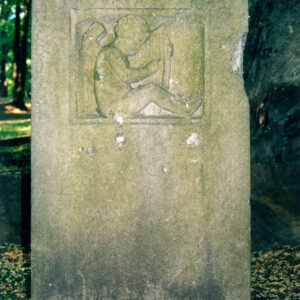 pionowa płyta kamienna z płaskorzeźbą siedzącego nagiego chłopca  ze skrzydłami, grającego na harfie, pod nią słabo widoczna inskrypcja, w górnej części płyty płaskorzeźbiony krzyż grecki, na płycie zielony nalot i ślady po pociskach 