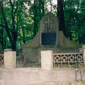 mogiła ziemna otoczona murowanym obramowaniem z czworobocznymi słupkami, połączonymi (z wyjątkiem dwóch środkowych) kutą, niską kratą, w części zagłówkowej płyta nagrobna w formie prostokąta zakończonego łukiem, na nim tablica inskrypcyjna, nad nią ryty krzyż łaciński, po obu stronach płyta ujęta spływami wolutowymi, w głębi drzewa