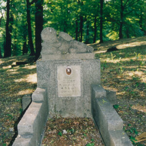 mogiła ziemna, z lewej i prawej strony odgrodzona niskim, schodkowym murkiem, w części zagłówkowej niemal kwadratowa płyta z tablicą inskrypcyjną z owalną fotografią, na szczycie płyty figura śpiącego nagiego chłopca ze skrzydełkami