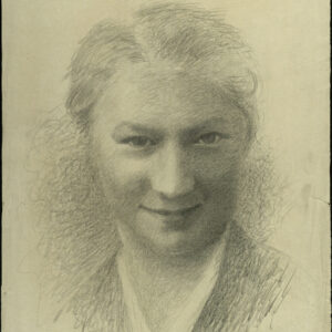 szkic głowy kobiety z upiętymi włosami wykonany czarnym ołówkiem delikatną, cienką kreską