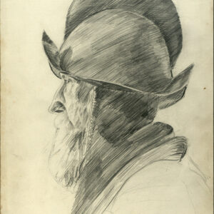 szkic profilu mężczyzny z brodą w fantazyjnym kapeluszu wykonany czarnym ołówkiem