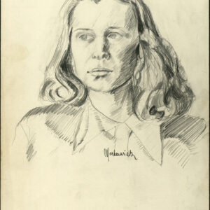 szkic popiersia kobiety z długimi włosami i odsłoniętym czołem wykonany czarnym ołówkiem