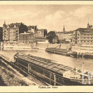 na rzece barki, w głębi szachulcowe budynki magazynowe i spichlerze, z lewej wysokie kamienice